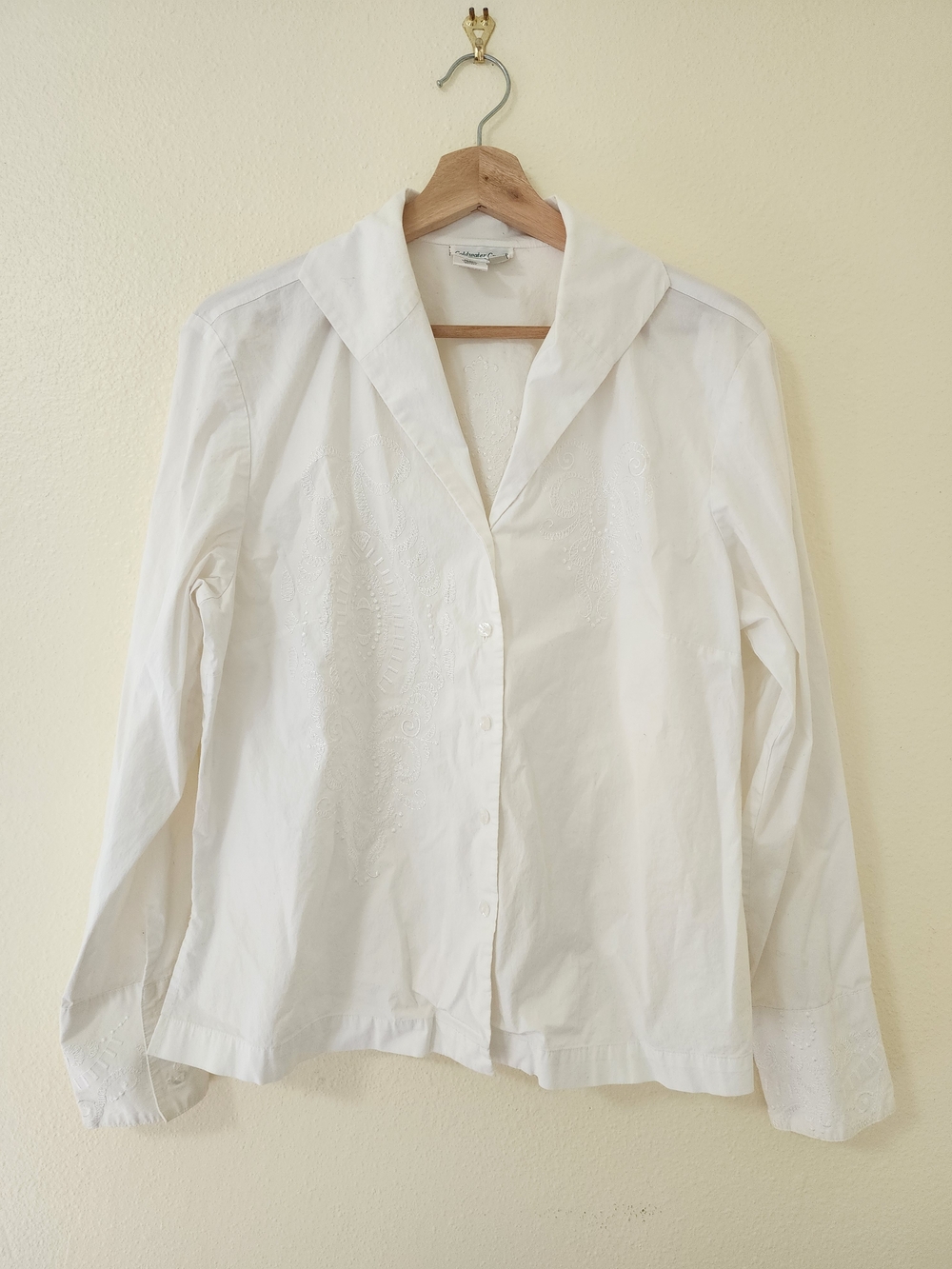 Coldwater Creek White Button-Down Shirt with Subtle Embroidery